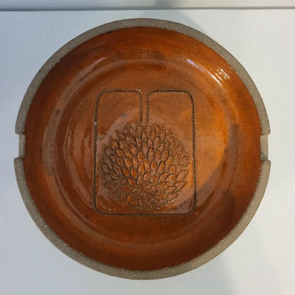 Vintage MCM Stoneware Orange Ceramic Round Ashtray Art Pottery Tree Design 6.5